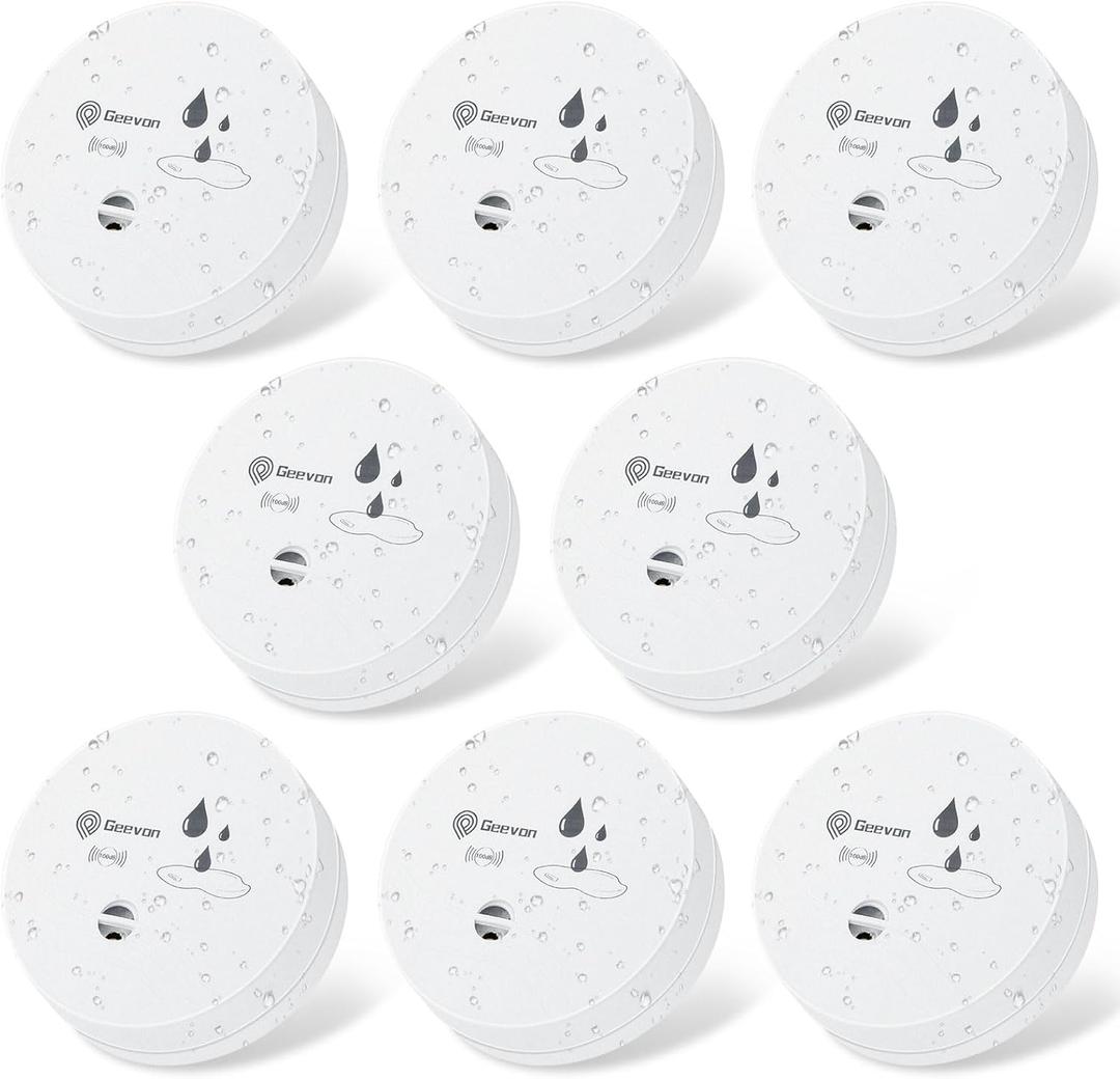 Geevon 8 Pack Water Leak Detectors, 100dB Water Sensor Alarms Flood Detector for Basements, Bathrooms, Laundry Rooms, Kitchens, Garages, and Attics, Water Alarms Battery-Operated (Battery Included) (White)