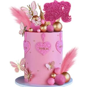 Hot Pink Girl Cake Topper Pink Butterfly Balls Boho Cake Decorations for Wedding Baby Shower Anniversary Girl Birthday Themed Party Supplies (Butterfly)