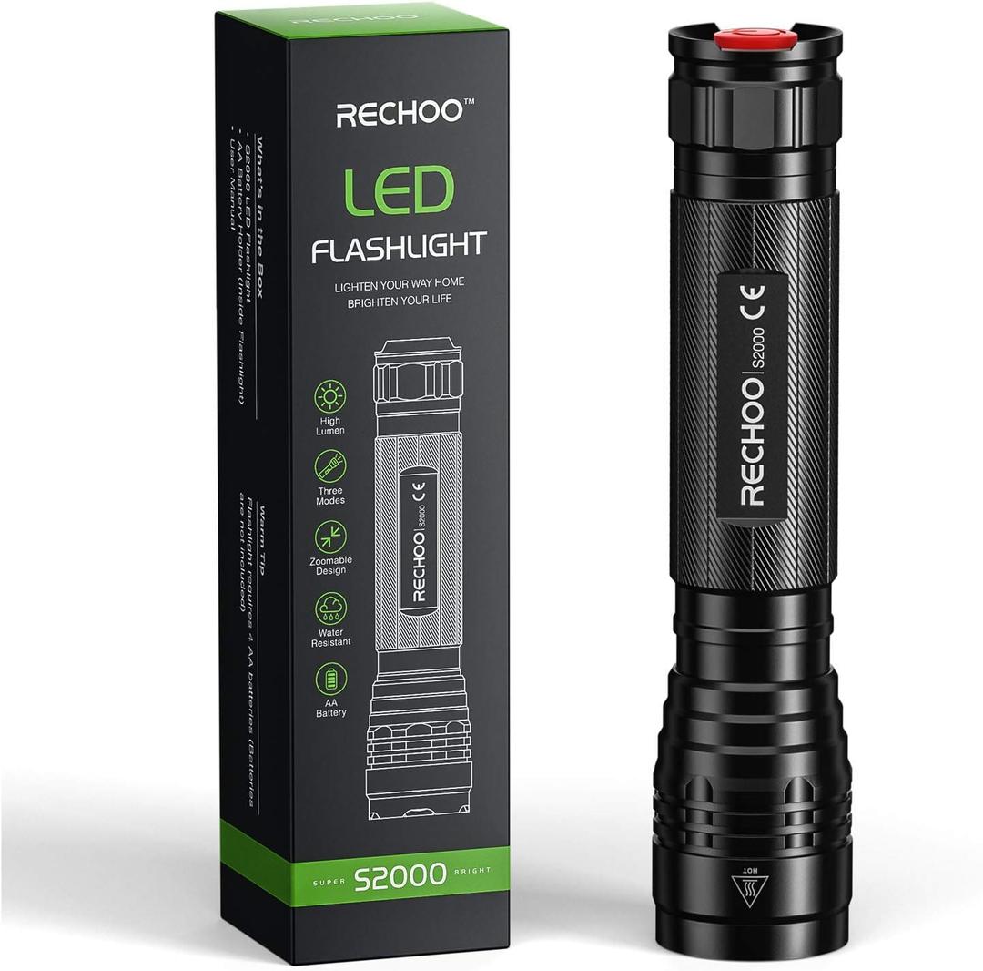RECHOO S2000 LED Flashlight High Lumens, Super Bright, Powerful, Mid-Size Tactical Flashlight with 3 Modes, Zoomable, Water Resistant Flashlights for Home, Emergencies, Camping, Outdoor Use (1 Pack)