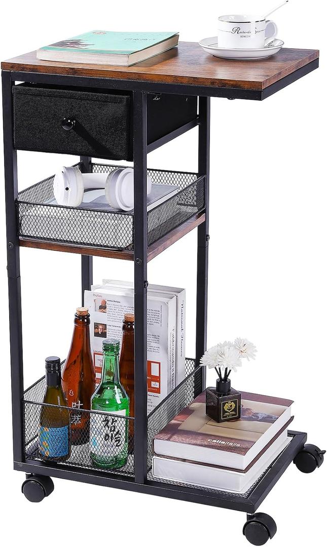 C Shaped Side Table with Wheels, Small Sofa End Table with Drawer Storage Basket for Small Spaces,Rolling Couch Bedside Tables for Living Room, Bedroom, Rustic Brown and Black