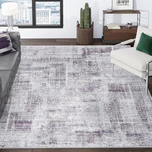 Eleisa Modern Abstract 9x12 Area Rug, Non-Slip Stain Resistant Washable Rug, Purple & Grey Large Rug for Living Room, Abstract Vintage Carpet for Bedroom, Kitchen, Dining Room, Home Office