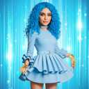 4 Pcs Halloween Costume Accessory Blue Curly Wig and Leather Choker PU Leather Belt Punk Gloves for Women Adult Cosplay