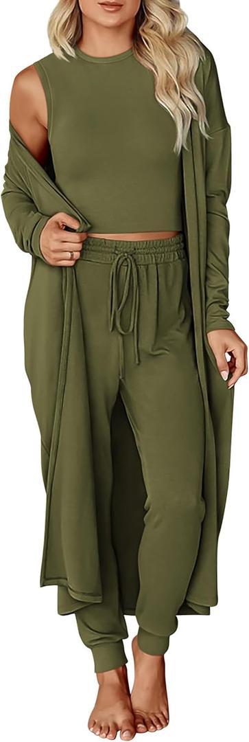 KIRUNDO 3 Piece Lounge Sets for Women Airport Travel Vacation Outfits Spring Cardigan Matching Sleeveless Top Jogger Pants (Large, Army Green)