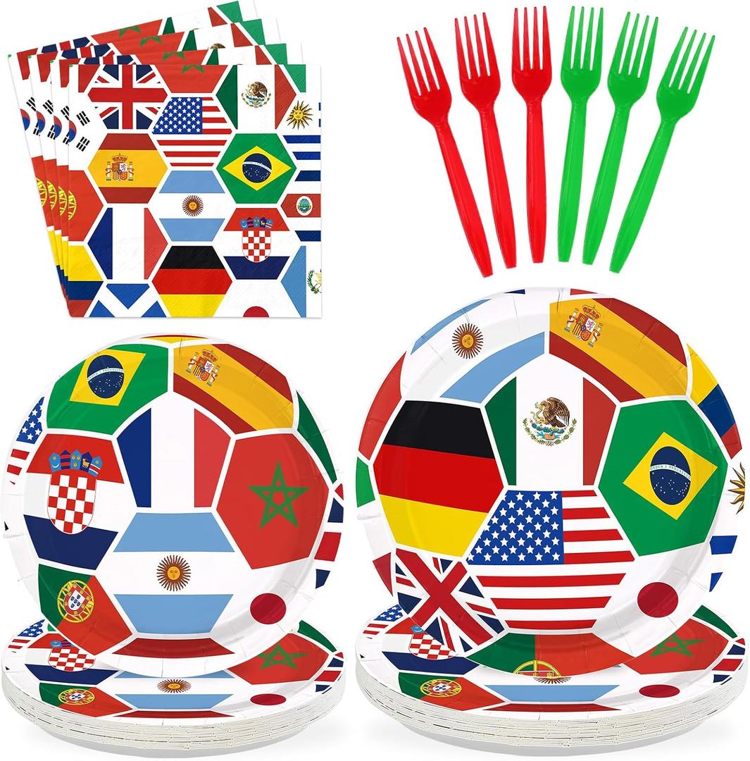 96Pcs International World Flags Party Decoration Soccer World Flags Plates and Napkins Football Theme Disposable Tableware Set for Soccer Sports Events Festival Party Supplies Serves 24