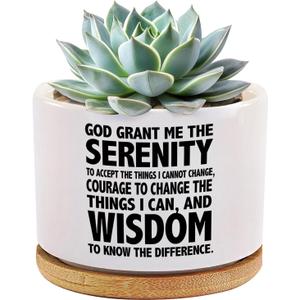 God Grant Me The Serenity Prayer Inspirational Gifts Sobriety Recovery Sober Motivational Christian Gifts Ceramic Succulent Plant Pot with Bamboo Tray Round Home Decor 3.5 Inch White (No Plants)