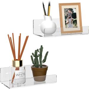 7'' Clear Acrylic Wall Shelf 2 Pack, Acrylic Floating Shelves, Acrylic Small Shelf for Books, Home Dcor, Digital Clock, Speaker, Wine Bottle