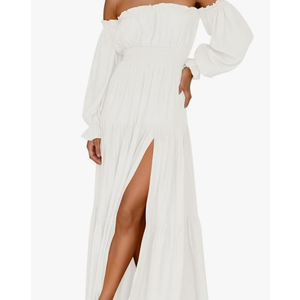 ZESICA Women's 2025 Boho Sexy Off Shoulder Long Sleeve Smocked High Waist Side Split Flowy A Line Tiered Long Maxi Dress Size M