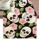 Pink Rose Skull Table Runner Dresser Scarves Seasonal Linen Tablerunner for Indoor Outdoor Kitchen Home Party Holiday Dining Table Decor 13 X 70 Inch