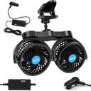 XOOL Clip Car Fan, Adjustable Dual Head 4 Inches 12V Fan for Front/Rear Seat Passenger, 360° Rotatable Electric Car Cooling Fans with Stepless Speed Regulation for SUV, RV, Vehicles