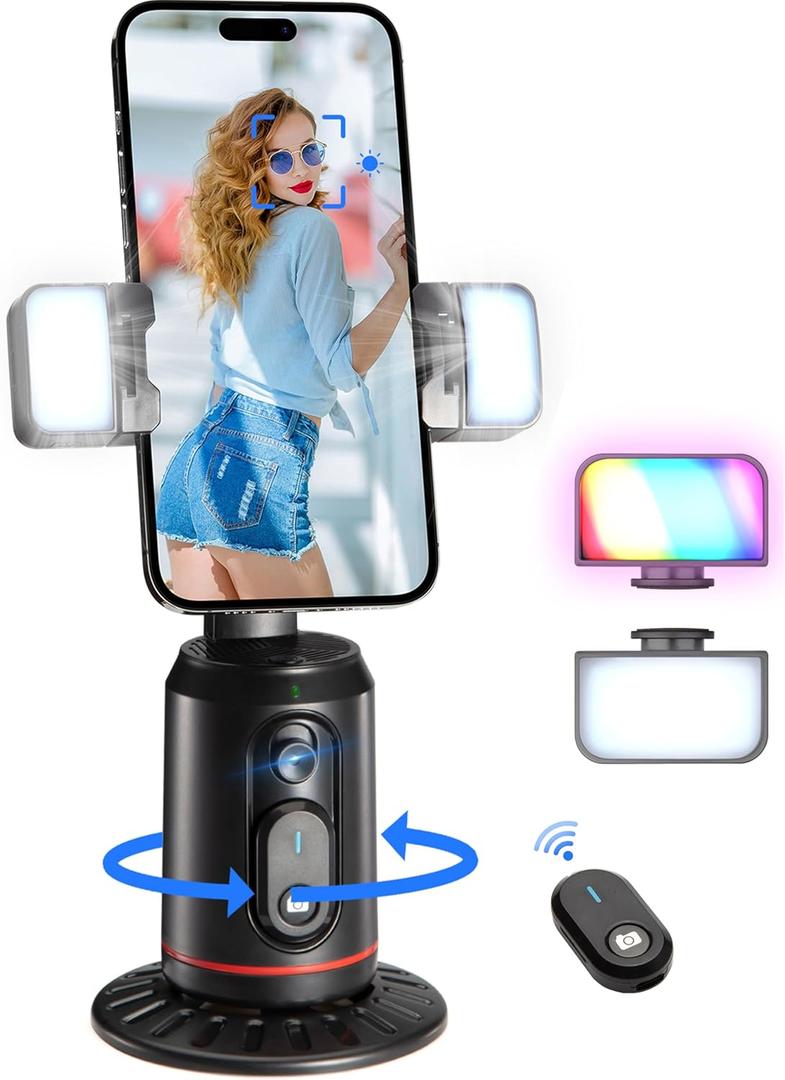 MQOUNY Auto Face Tracking Phone Holder, 360 Rotation Face Body Phone Tripod Smart Shooting Camera Mount with Rechargeable Remote and Light for Live Vlog Streaming Video, Rechargeable