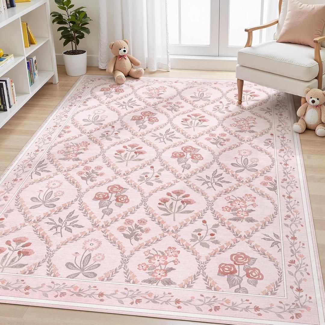 Pink Rug for Bedroom Girls, 5x7 Washable Rug for Floral Nursery Decor, Cute Soft Low-Pile Non Slip Indoor Floor Carpet for Baby Kids Room Playroom Living Room Dorm, Pink Multi