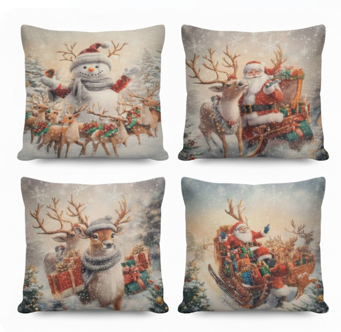 Christmas Pillow Covers 18x18 inch Set of 4, Christmas Decorations Snowman Santa Elk Sleigh Truck Plaid Winter Holiday Decor, Merry Christmas Throw Cushion Cases for Sofa Couch Living Room Home Decor 