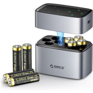 ORICO Rechargeable AA Lithium Batteries with Charger(8 Pack, 1.5V), Recharge up to 1500+ Cycles, 2.5H Fast Charger, Li-Ion Batteries Suitable for Remote Control, Electronic Toys -LEV8