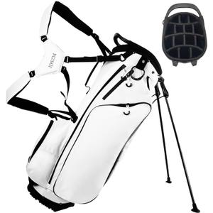 Lightweight Golf Stand Bag with 14 Way Full-Length Dividers, 7 Zippered Pockets and Rain Cover, with Handles and Dual Strap (01White)
