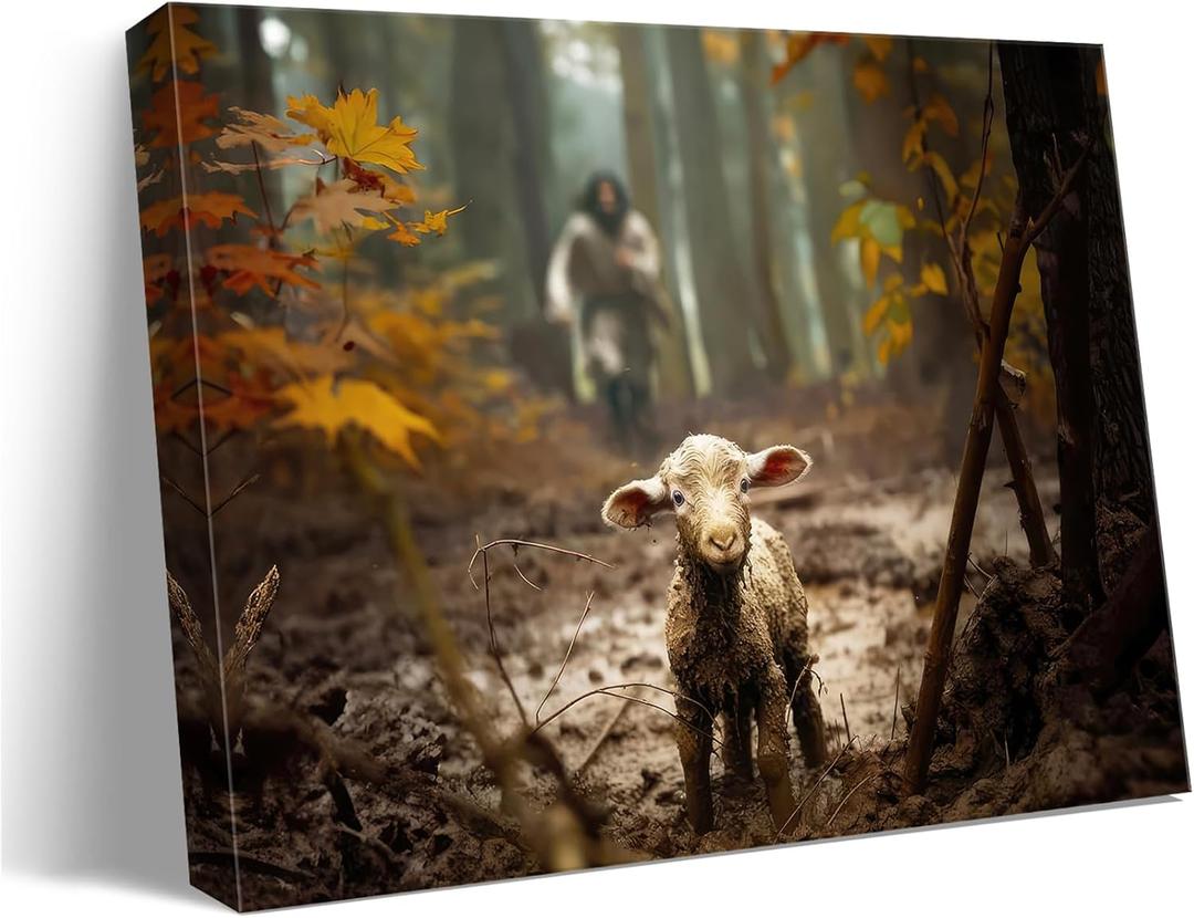 Ploceiny Religious wall decor for prayer room Christian wall art for Christmas decorations indoor Jesus and Lamb canvas wall prints Jesus Running After Lost Lamb Picture for home decor.A-417 (45"X30")
