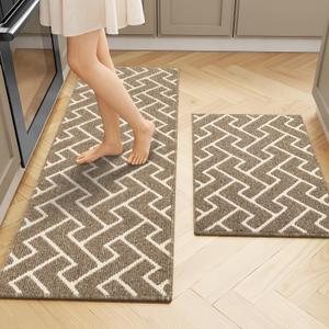 Kitchen Rugs Sets of 2-Colorful Non Slip Kitchen Mats for Floor-Thick,Moroccan Style Kitchen Decor Floor Mat Runner Carpet for Hallways Entryway Laundry Washable(20"x31.5"+20"x48",Brown)