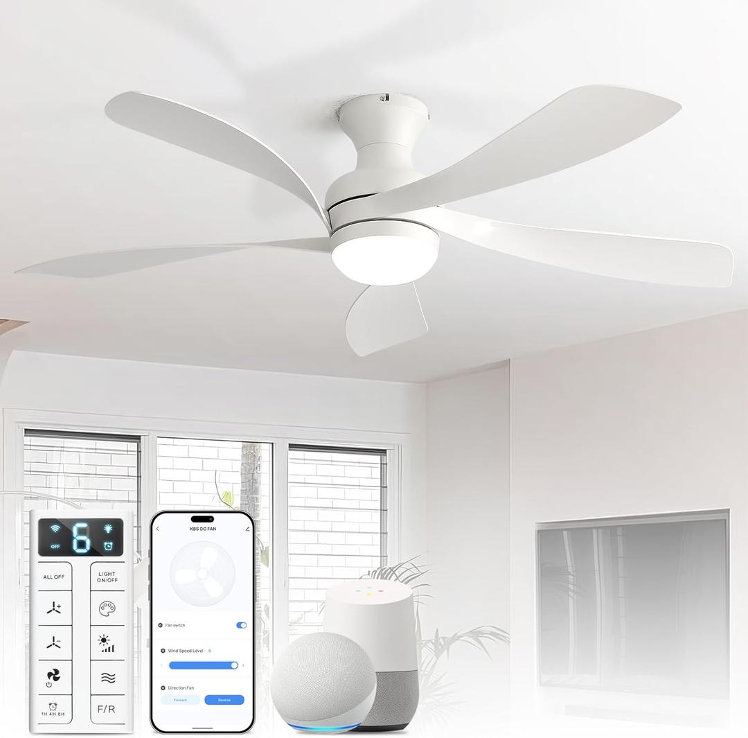 Sofucor Smart 52'' Low Profile Ceiling Fan with Lights and Remote, Flush Mount Ceiling Fan Work with APP/Alexa/Google for Modern Bedroom Living Room Patio, Dimmable LED Quiet Reversible DC Motor