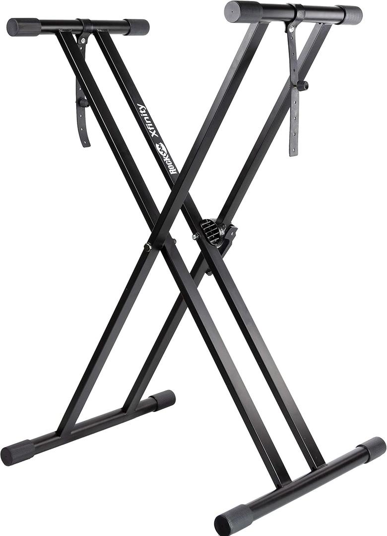 RockJam Xfinity Heavy-Duty, Double-X, Pre-Assembled, Infinitely Adjustable Piano Keyboard Stand with Locking Straps, Black