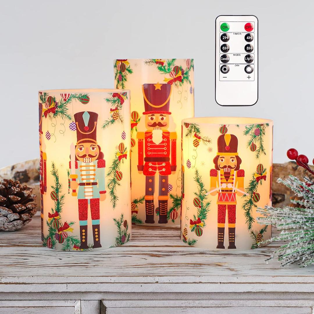 Nutcracker Christmas Flameless Candles Battery Operated Flickering LED Candles with Remote Timer, Real Wax Pillar Candles for Holiday Party Home Decoration Christmas Gifts, Set of 3