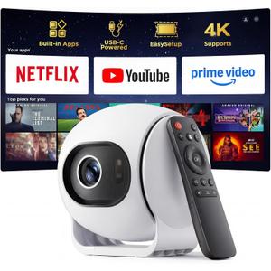 [ Ultra Short Throw & Built-in Apps ] Android 14 Smart Projector with WiFi and Bluetooth, 1080P FHD HDR10, Auto Focus/Keystone, Mini Portable Projector Support Power Bank for Bedroom/Outdoor, White