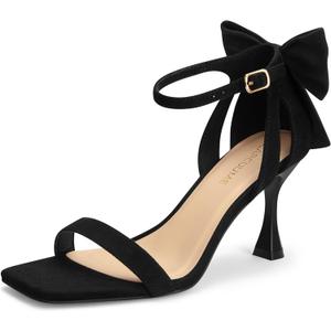 Carcuume Women's Square Toe Heels Bow Tie Ankle Strap Heel Sandals Open Toe Wedding Shoes (6.5, Black)