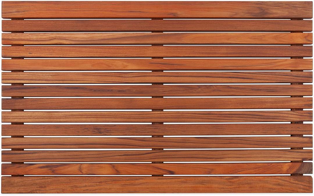 Nordic Style Dark Oiled Teak Shower and Bath Mat with Wide End Slat - Indoor and Outdoor Use - Non-Slip Wooden Platform for Sauna, Pool, Hot Tub - 31.4 x 19.6-Inch