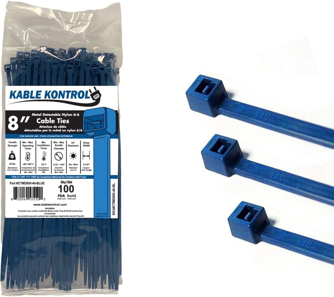 Kable Kontrol Metal Detectable Zip Ties  8 Inch Long  Blue - 40 Lbs Tensile Strength  100 Pcs/Pack | Iron Impregnated Nylon 6-6 | Durable | Cable Management Wire Wraps