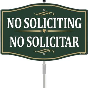No Soliciting No Solicitar Sign Bilingual Sign 12" x 8" With 35" Long Metal Stakes No Soliciting English Spanish Sign No Solicitor Sign Stand Aluminum Yard Business Home House No Solicitation Sign