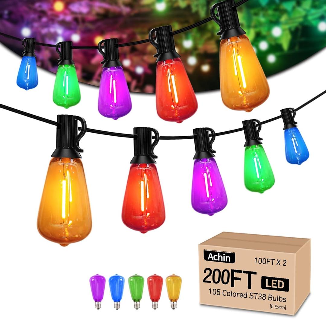 Achin Multicolor Outdoor String Lights 200FT(100ft*2), Colored Patio Lights Waterproof with 100+5 ST38 Vintage LED Bulbs Shatterproof, Rainbow String Lights for Outside Yard, Party, Christmas