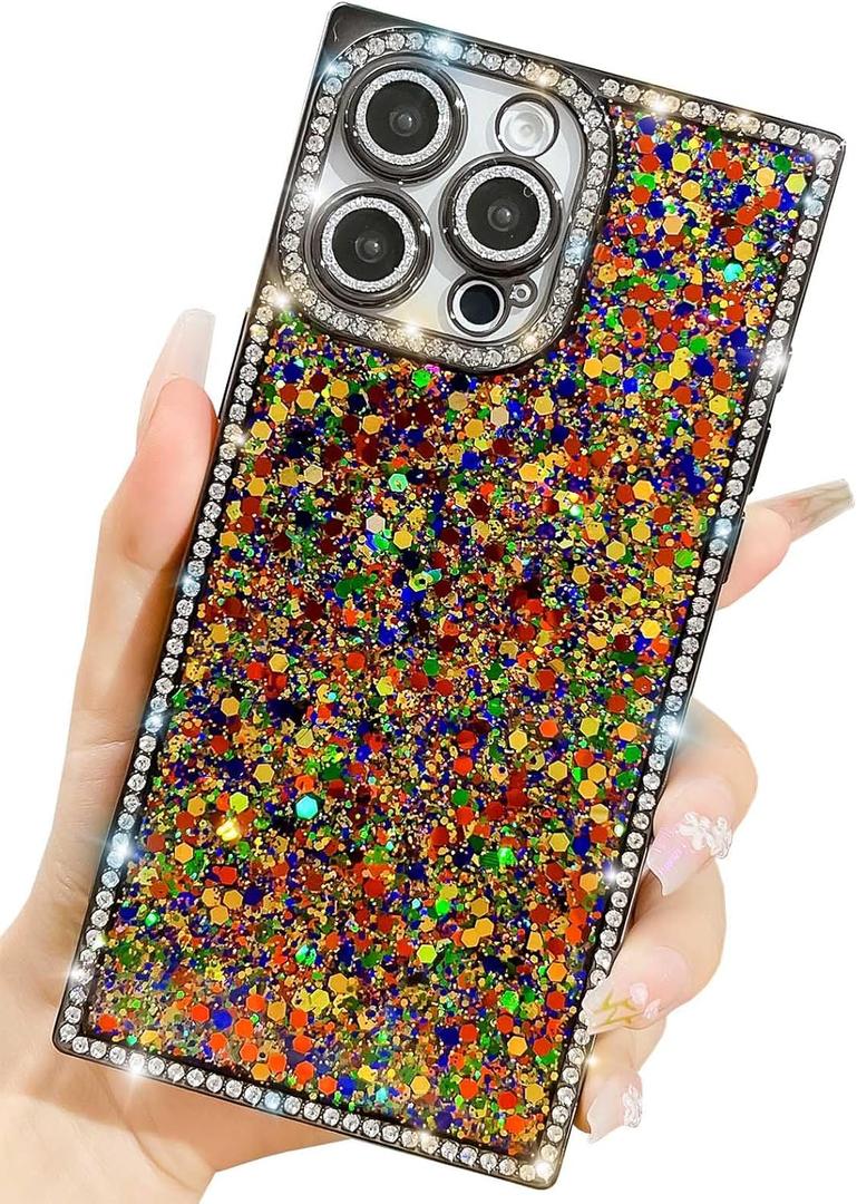 Trendy Girly Glitter Powder Compatible with iPhone 16 Pro Max Rectangle Case, Elegent Cute Slim Women Bling Diamond Rhinestones Plating Phone Cases(Black,16 Pro Max)