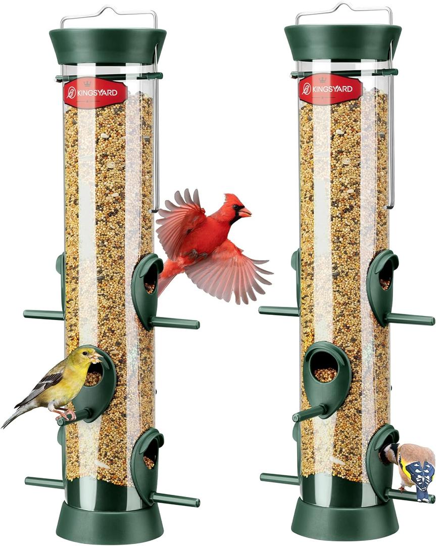 Kingsyard 2 Pack Tube Bird Feeders for Outdoors Hanging, Wild Bird Feeder with 6 Feeding Ports, Easy to Clean & Refill, 2 lbs Seed Capacity, Great for Attracting Finches, Cardinals (Green)