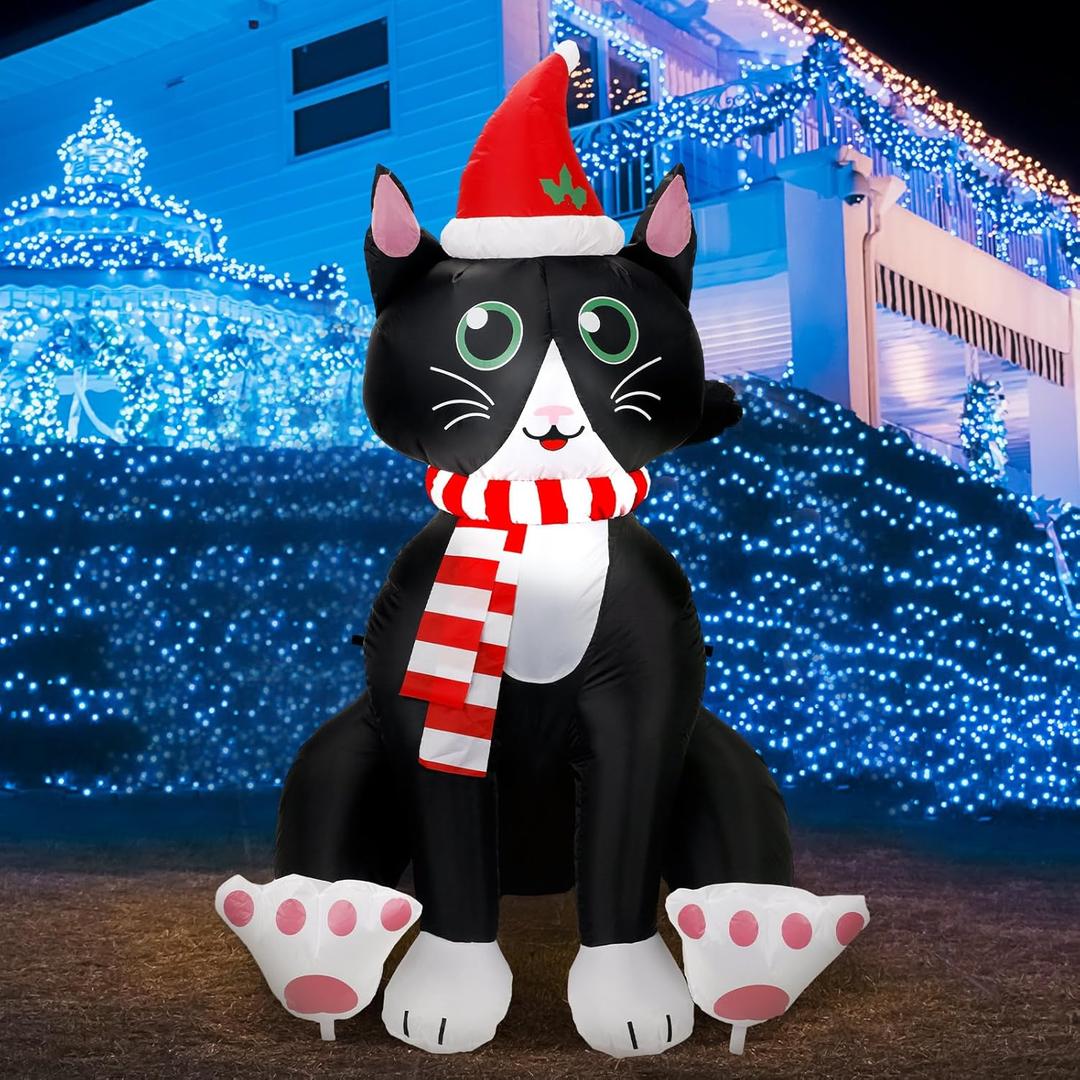 Leyndo 5 FT Christmas Inflatables Black Cat Outdoor Decorations Blow Up Christmas Yard Decorations Built-in Bright LEDs Holiday Yard Decorations for Garden Party(Classic)