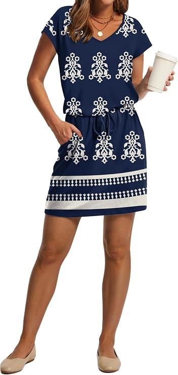 OFEEFAN Summer Dresses for Women 2026 V Neck T Shirt Casual Mini Dresses Tie Waist Sundresses with Pockets, Blue Flower, Small