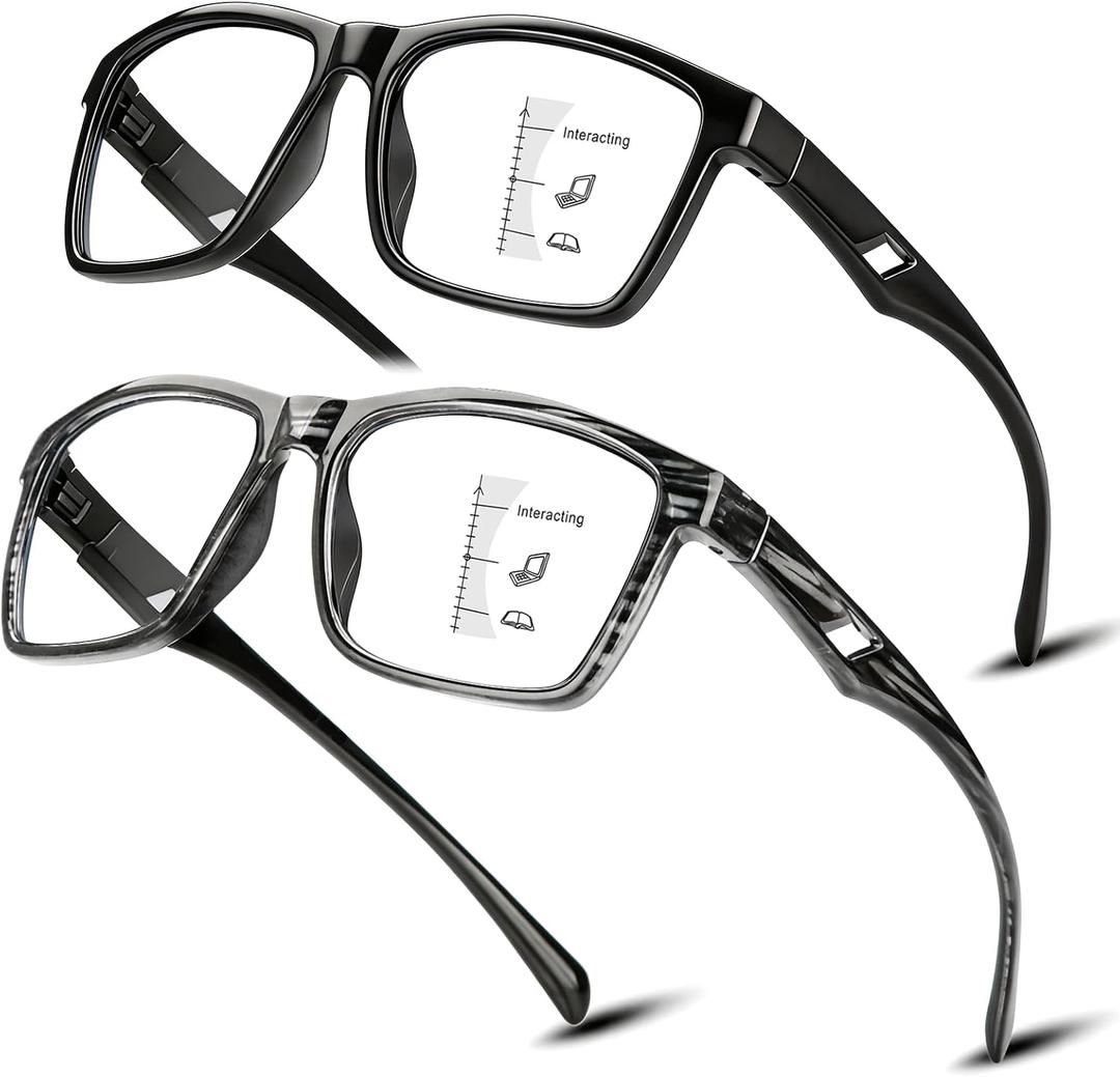 SKYOAK 2 Pack Ultralight Progressive Multifocus Reading Glasses for Men, Executive TR90 Computer Readers Spring Hinge Blue Light Blocking, Near-Mid Vision Multifocal Eyeglasses UV400 Protection, +1.5
