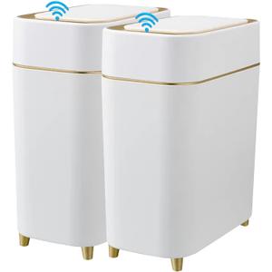 Yatmung 2-Pack - Automatic Compact Trash Can with Touchless Lid Smart Garbage Can - Waste Basket for Bathroom, Bedroom, Laundry Room, Small Spaces - Motion Sensor Trash Bin - White with Gold Edge