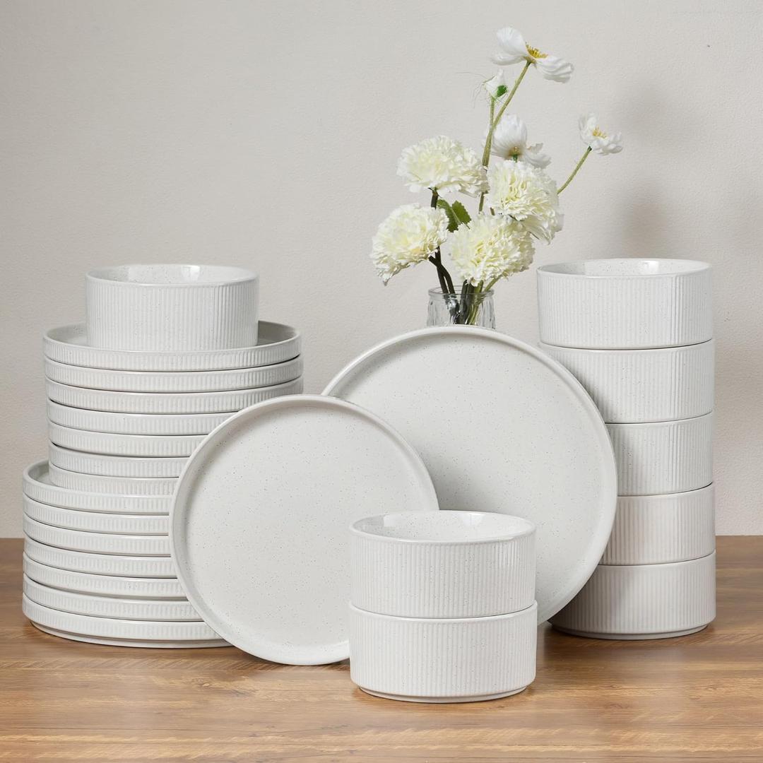 E-far 24-Piece Stoneware Dinnerware Sets, Plates and Bowls Sets for 8, Kitchen Modern Dinning Porcelain Dishes Set, Chip & Scratch Resistant, Dishwasher & Microwave Safe, Speckled White