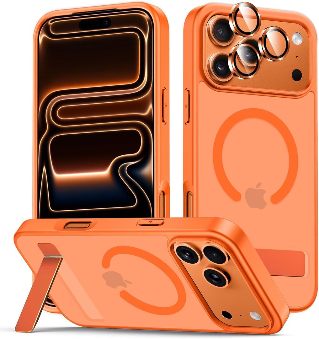 for iPhone 17 Pro Case with Stand, Compatible with MagSafe, Camera Lens Protector, Translucent Matte Slim Silicone Shockproof Magnetic Phone Cover, Orange