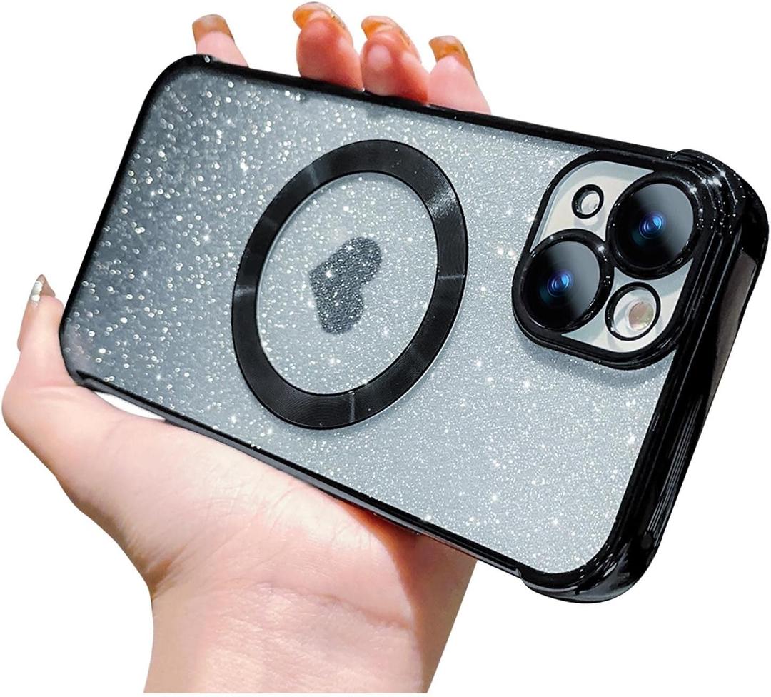 for iPhone 15 Case Magnetic Gradient Glitter [ Compatible with MagSafe ], Bling Love Heart Clear Phone Case, Camera Protection Sparkly Slim Soft Back Cover for Women Girls - Black