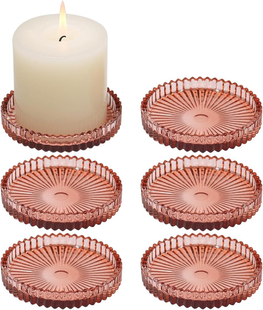 Glass Pillar Candle Holder, 4" Candle Plates Set of 6, Glass Candle Holders for Wedding, Party, Holiday, Home Decor, Table Centerpiece (Reddishbrown)