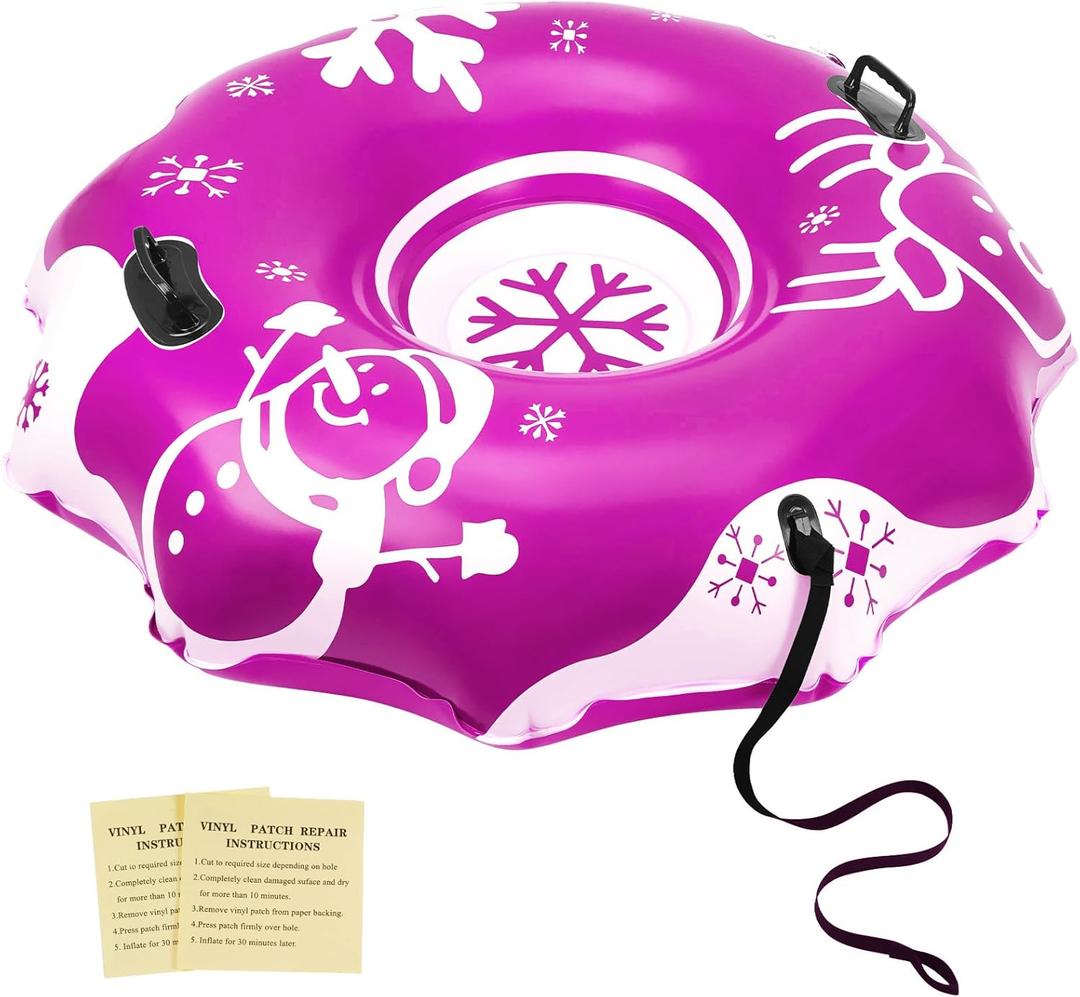 COVACURE 55" Snow Sled Extra Large Snow Tube - Thickened Inflatable Sleds for Adults, Heavy Duty Snow Tube with Reinforced Grab Handle & Rope, Snow Play Gear for Sledding and Skiing (Pink)