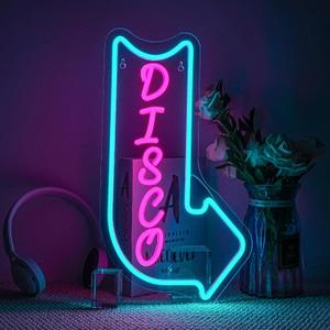 Looklight Disco Neon Signs for Wall Decor Pink Blue LED Word Light Sign Right-Pointing Arrow Neon Light USB Light Up Letters Sign for Disco Lover Music Bar Music Studio Rec Room Bedroom Party Decor