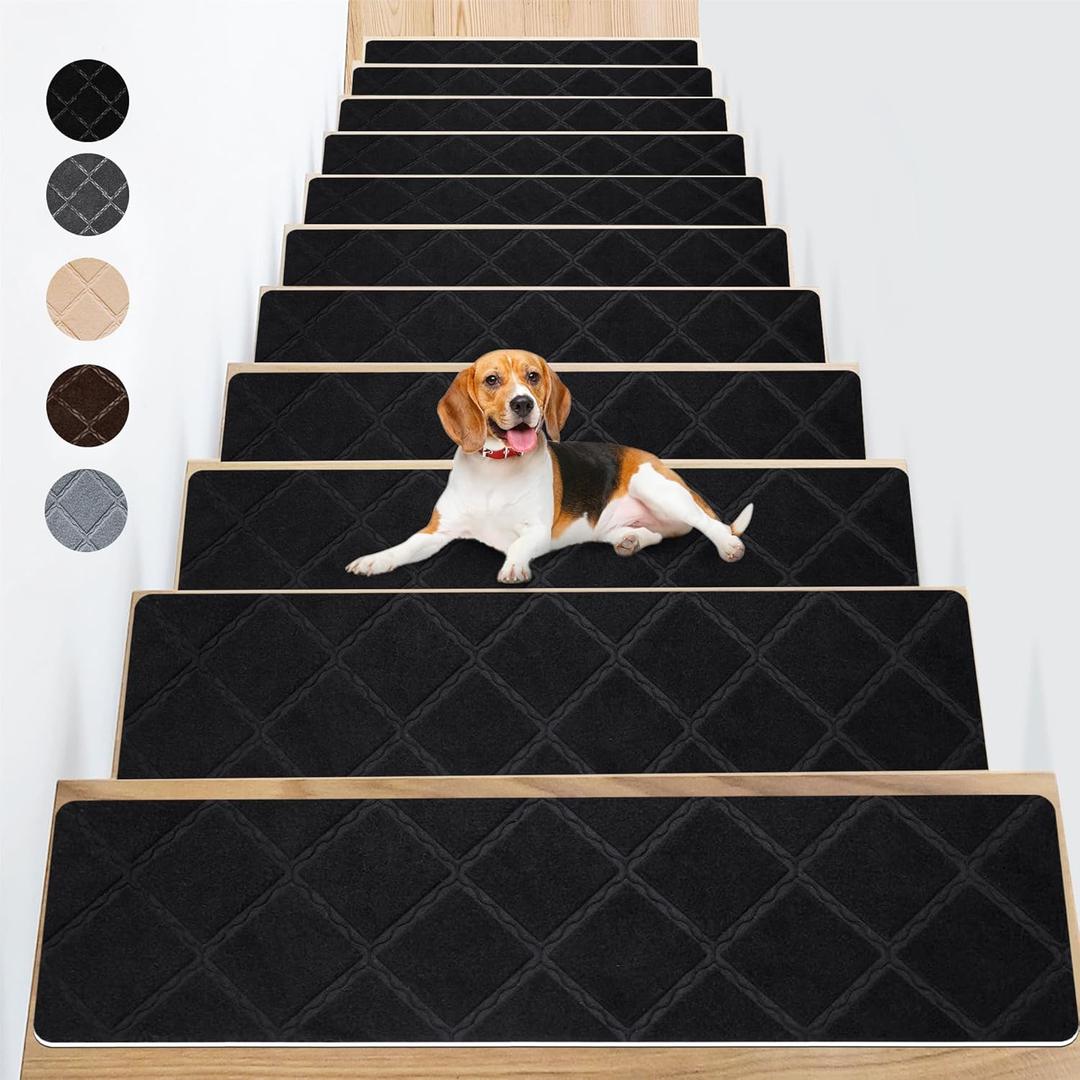 Non Slip Stair Carpet Treads for Wood Steps 8" X 30" (15 Pack), Indoor Stair Mats Covers with Adhesive, Anti-Slip Stair Runner Rug for Kids Elders and Dogs (Black Diamond)