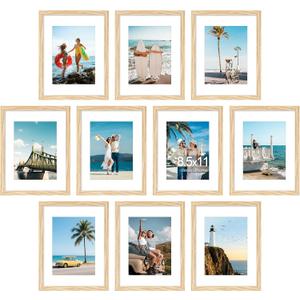 decorUhome 8.5 by 11 Picture Frame Set of 10, Display Photos 6x8 with Mat or 8.5x11 Unmatted for Picture Frames Collage Wall Decor, Natural