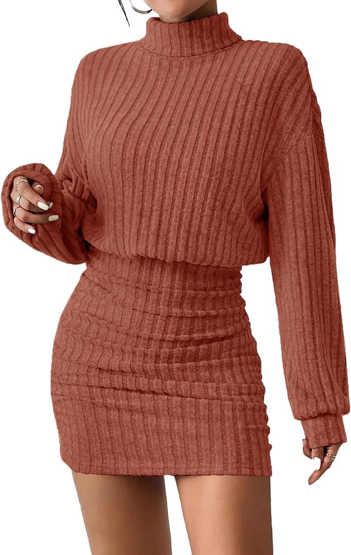 AUXDIO Women's Ribbed Knit Mock Neck Bodycon Mini Sweater Dress (Red, XL)