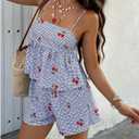 GORGLITTER Women's 2 Piece Cute Summer Outfits Gingham Cherry Tie Back Babydoll Tops Boxer Shorts Sets Blue Multicolor Large