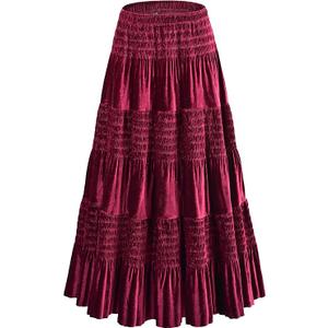 Women's Velvet Pleated Midi Skirt Elastic High Waist Fall Winter Tiered A-Line Party Long Skirts, Burgundy, XL