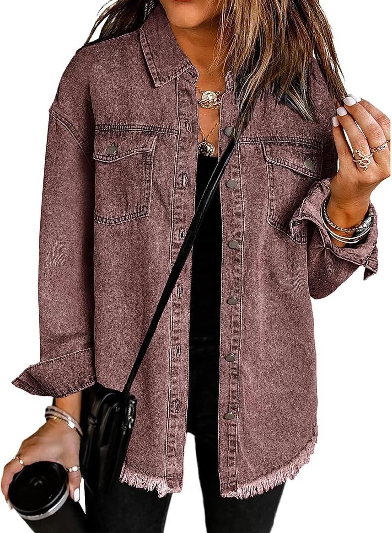 Vetinee Womens Oversized Button Up Frayed Hem Shacket Long Sleeve Pockets Denim Jean Jacket (Medium, Brown Stone)