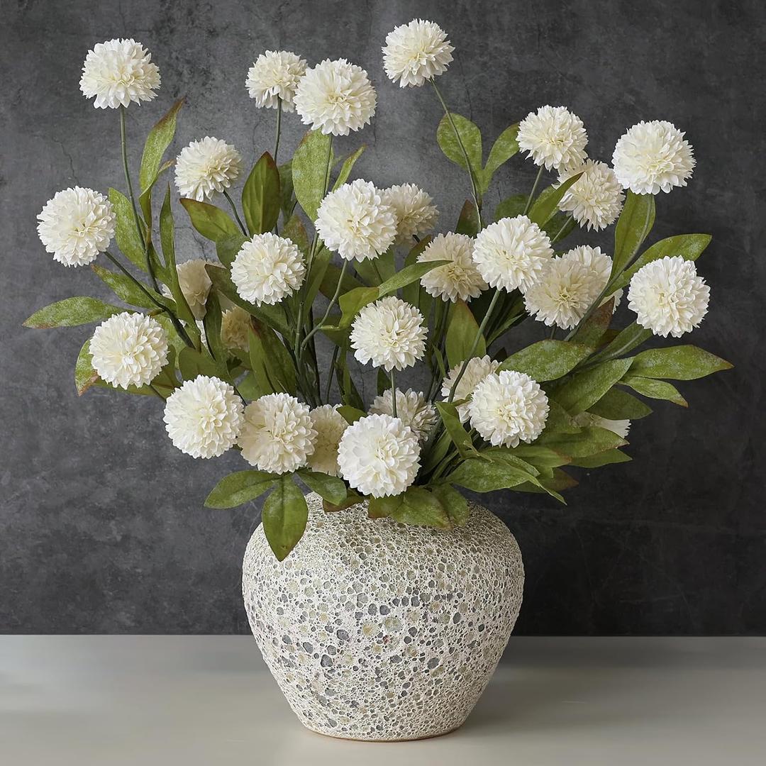 VIERENA 6 Pcs Faux Silk Pompon Mum Artificial Flowers for Vase -27", Bulk Fake Chrysanth Branches with Stems for DIY Bouquet Centerpieces Wedding Fillers Arrangements Shower Decorations (Cream)