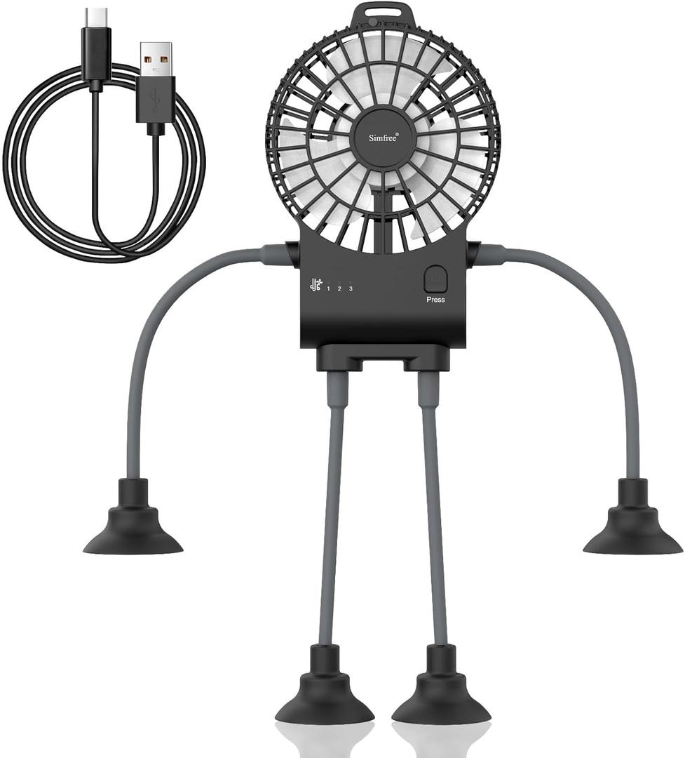 Simfree Portable Fan,Robot Desk Fan with Suckers-Rechargeable Portable Table Fan,3 Speeds Hands Free Fan for Home, Office,Game Room,Car and Outdoor Use-Black