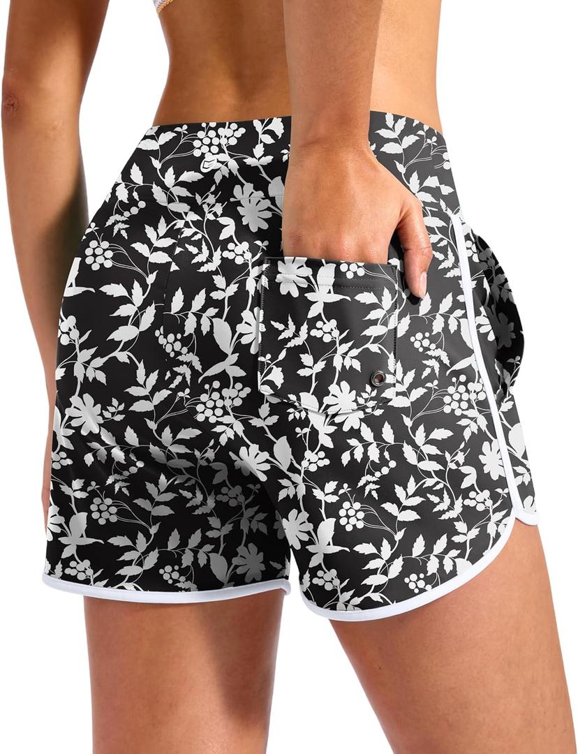 G Gradual 3" Women's Swim Shorts 3 Pockets High Waisted Board Shorts Tummy Control Swimsuit Bottoms with Liner Beach Water (Black Flower), 2XL
